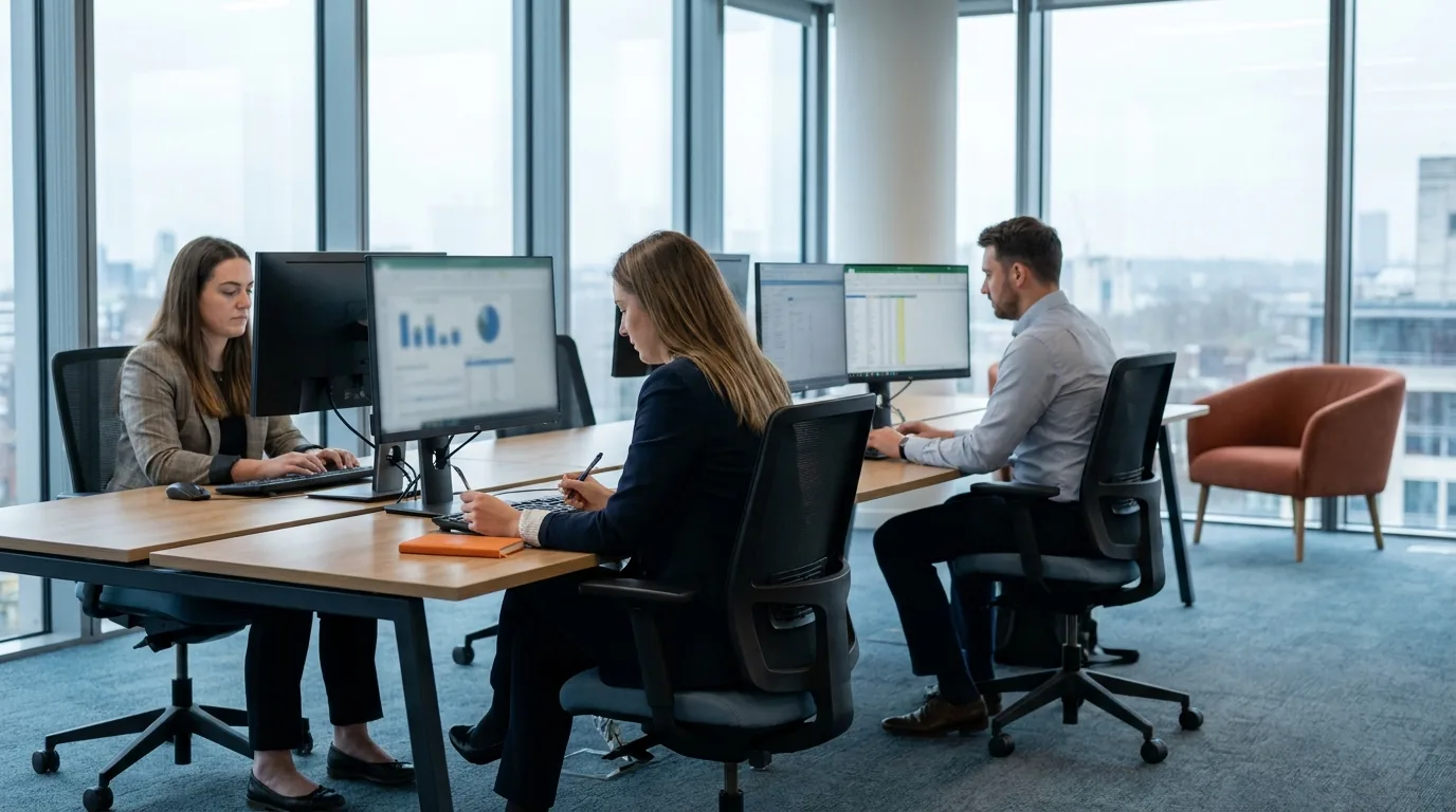Business people in conversation around a meeting table in a bright UK office